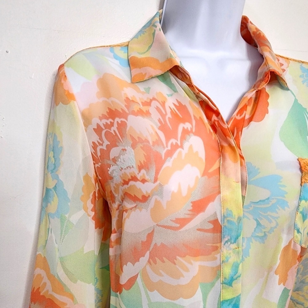 CANDIES Size Large Floral Chiffon French Lace Yoke Sheer Pastel Watercolor Top - Picture 3 of 9